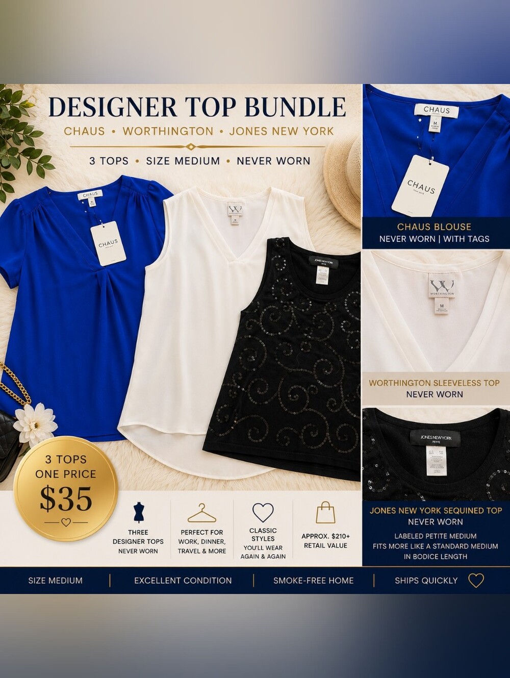🦚Designer Top Bundle | Chaus, Worthington & Jones New York | M | Never Worn